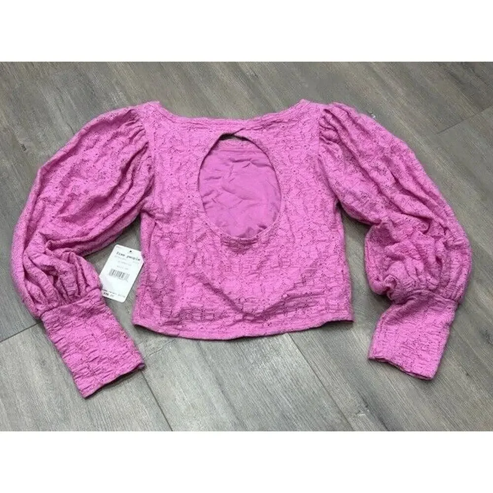 NWT Free People‎ Womens Tea Time Lace Puff Sleeve Blouse Open Back Pink Size XS